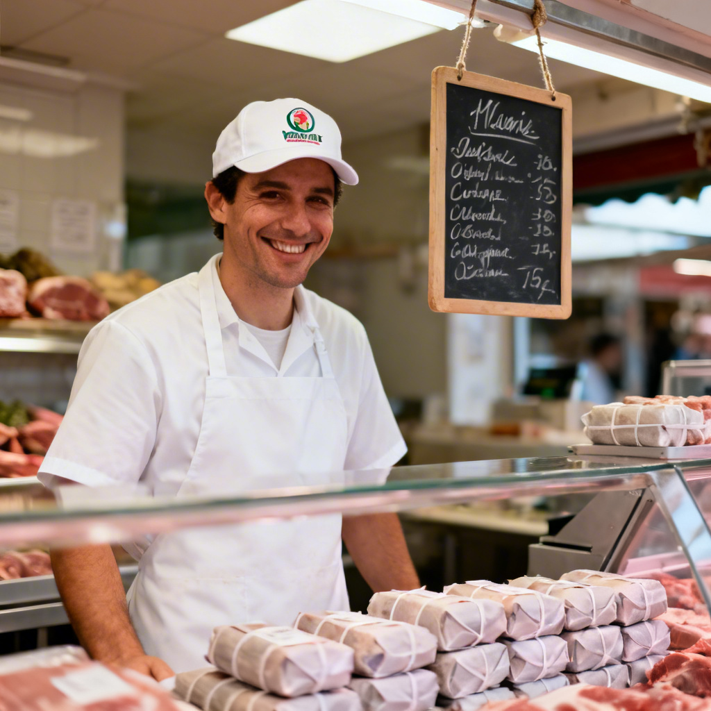 AI-generated friendly butcher portrait in a clean shop