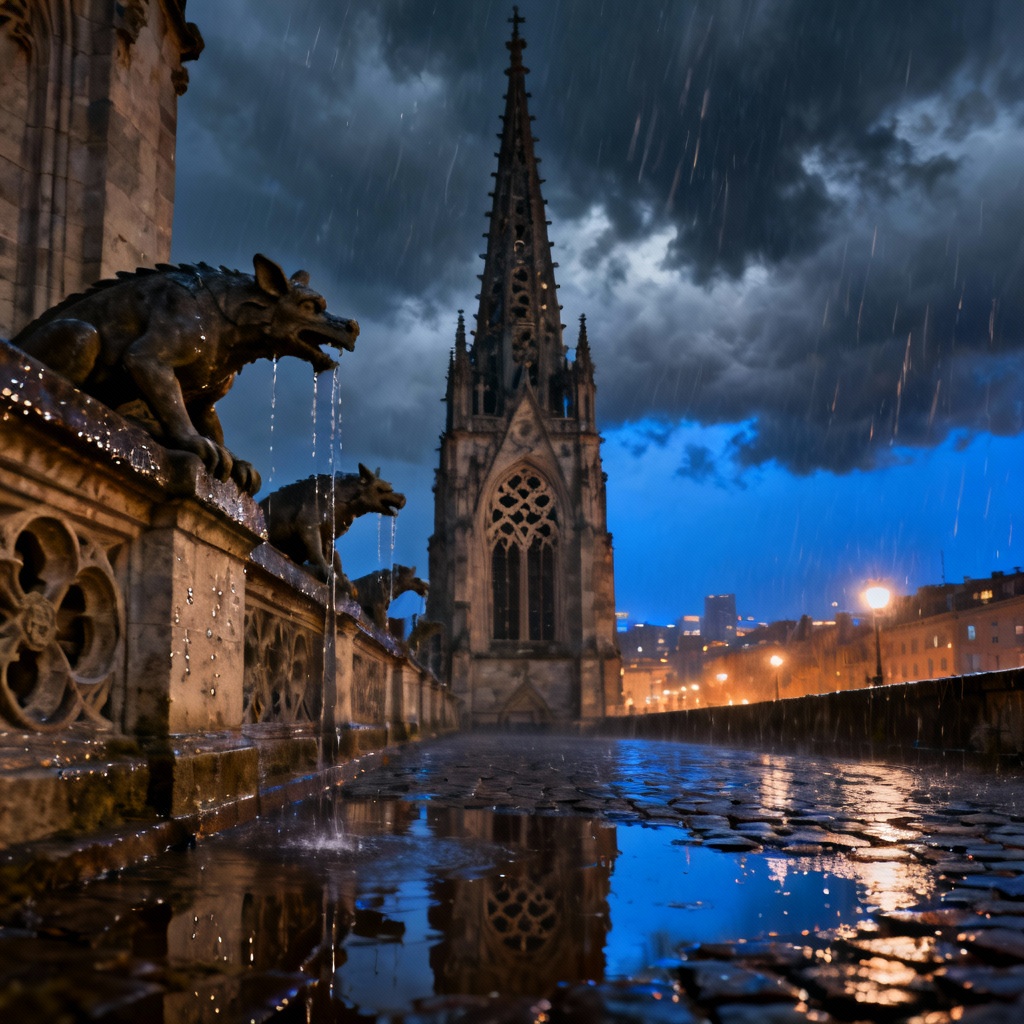 AI neo-gothic cathedral spire in rain