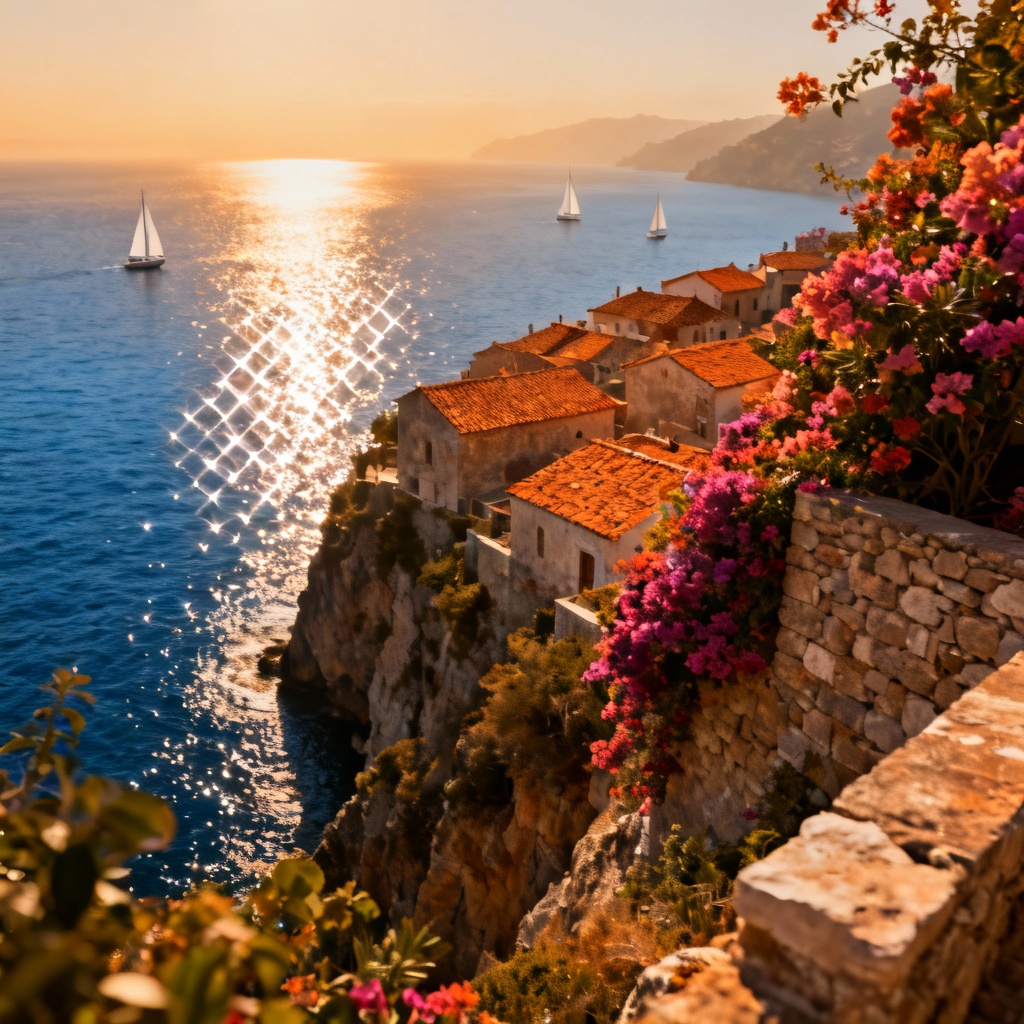 AI Mediterranean sea view with cliffside village and blue water