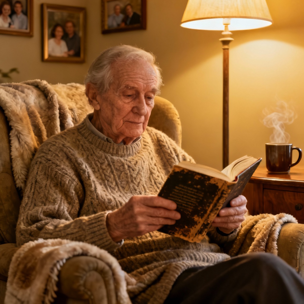 AI elderly grandparent reading in warm living room