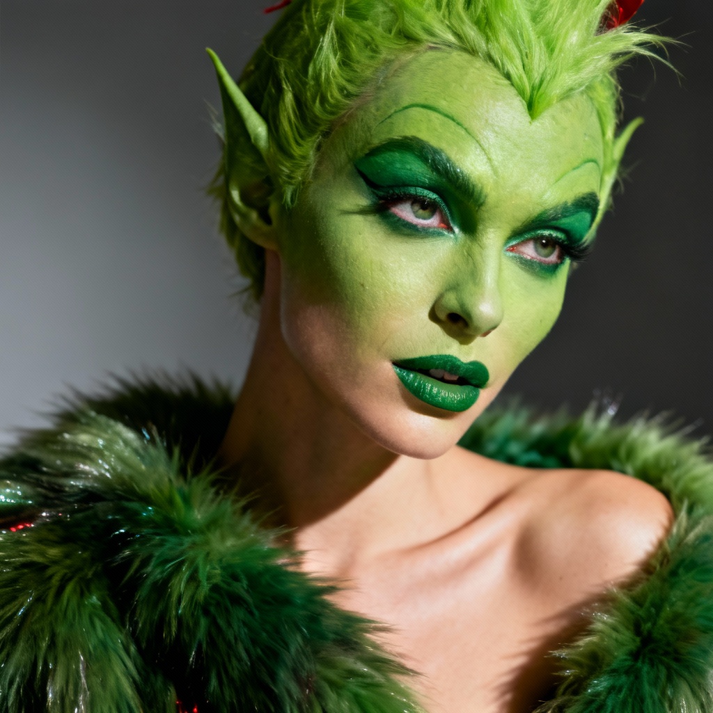 Elegant fashion editorial Grinch makeup cosplay