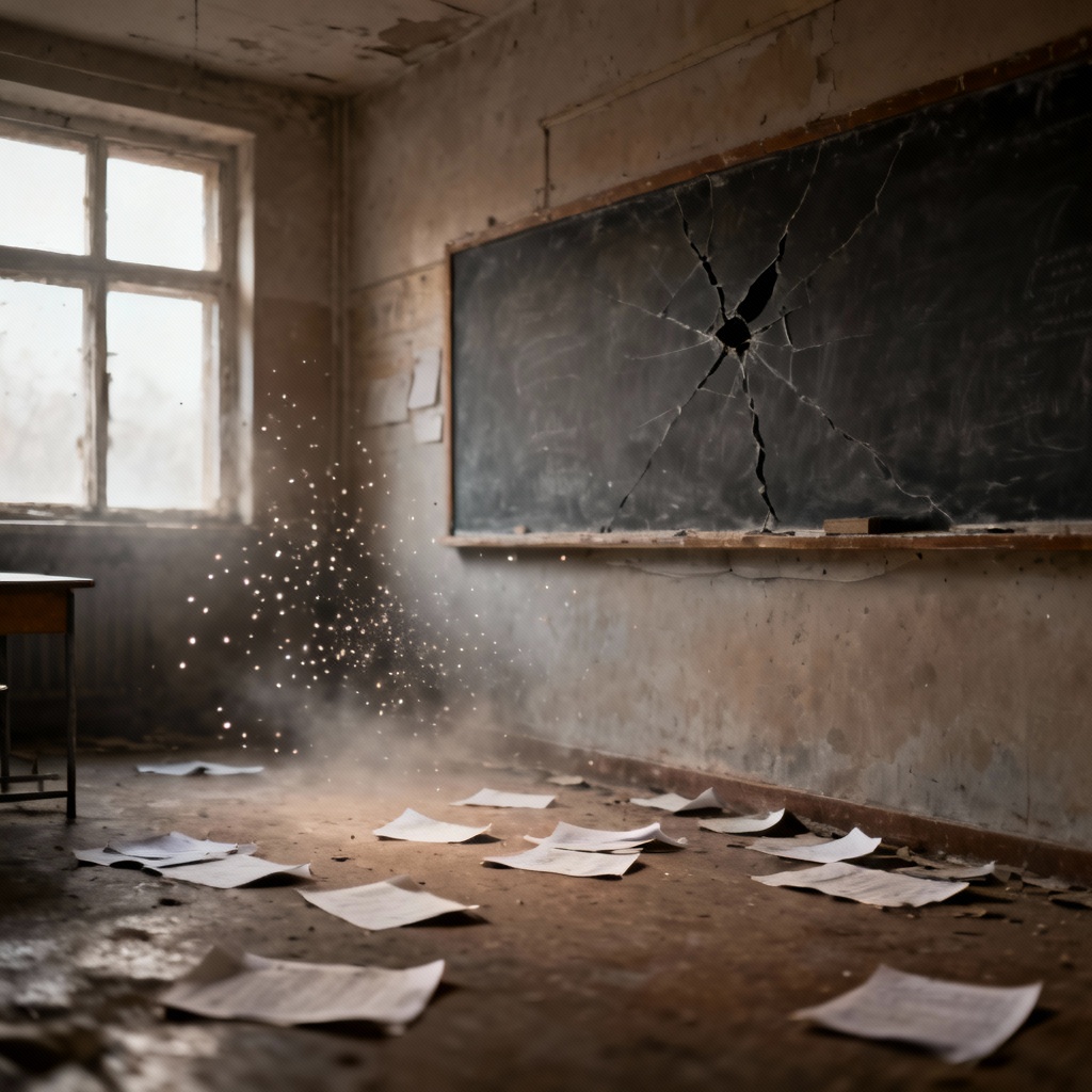 Abandoned classroom with dust and muted sunlight