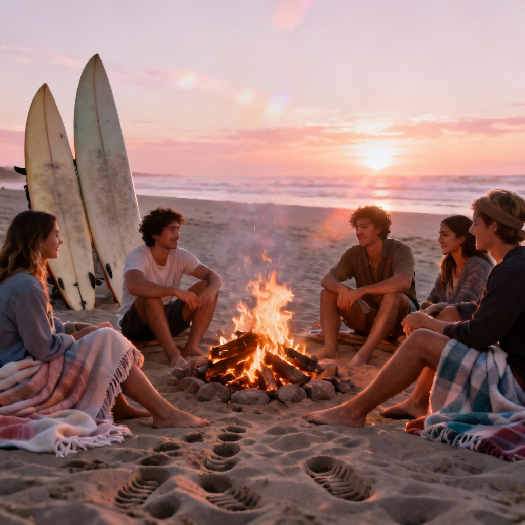 AI beach bonfire at sunset with friends