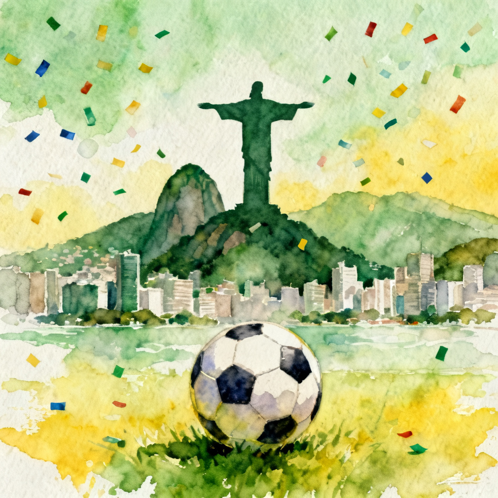 Watercolor Brazil skyline with football and confetti