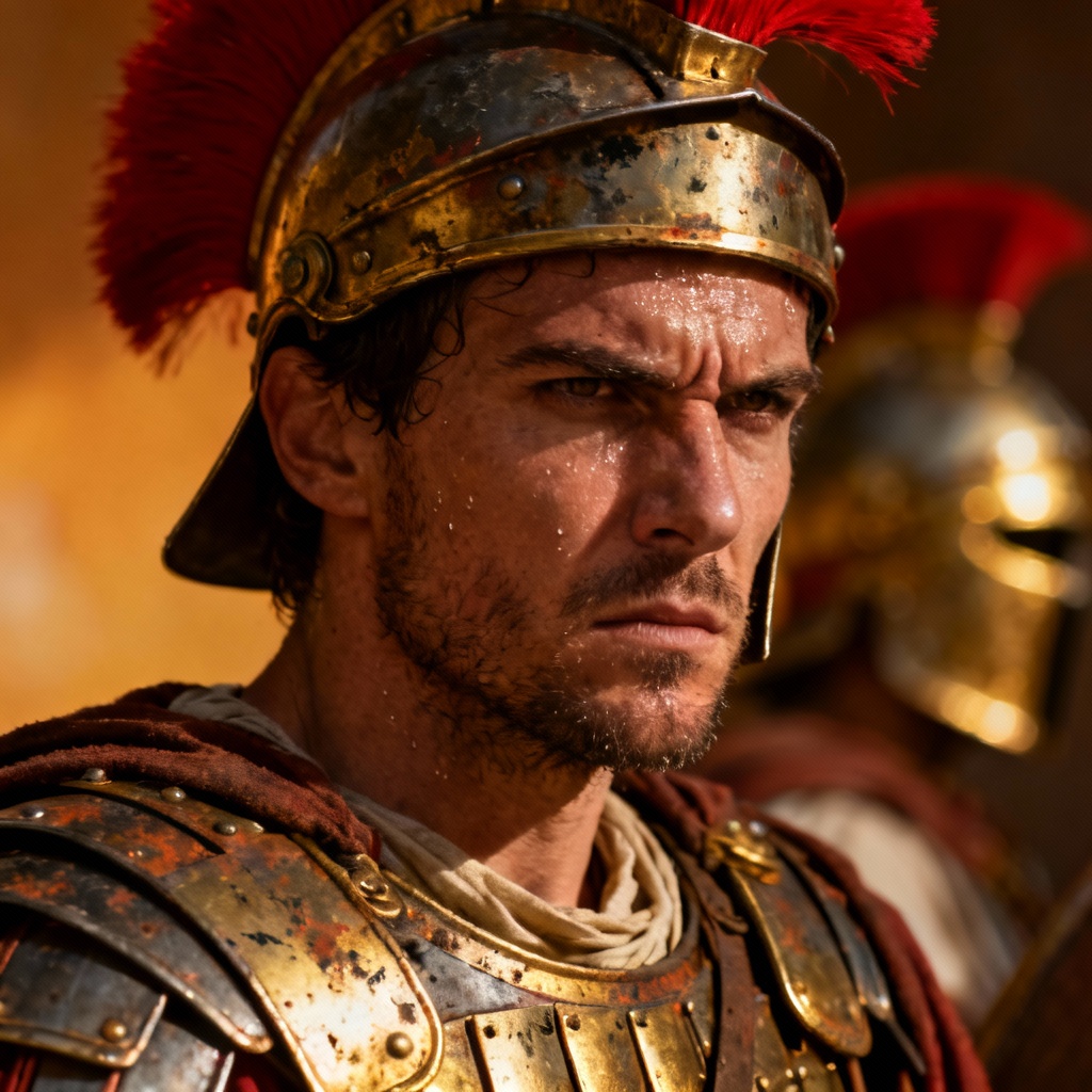 AI portrait of a Roman centurion with red crest and battle-worn armor