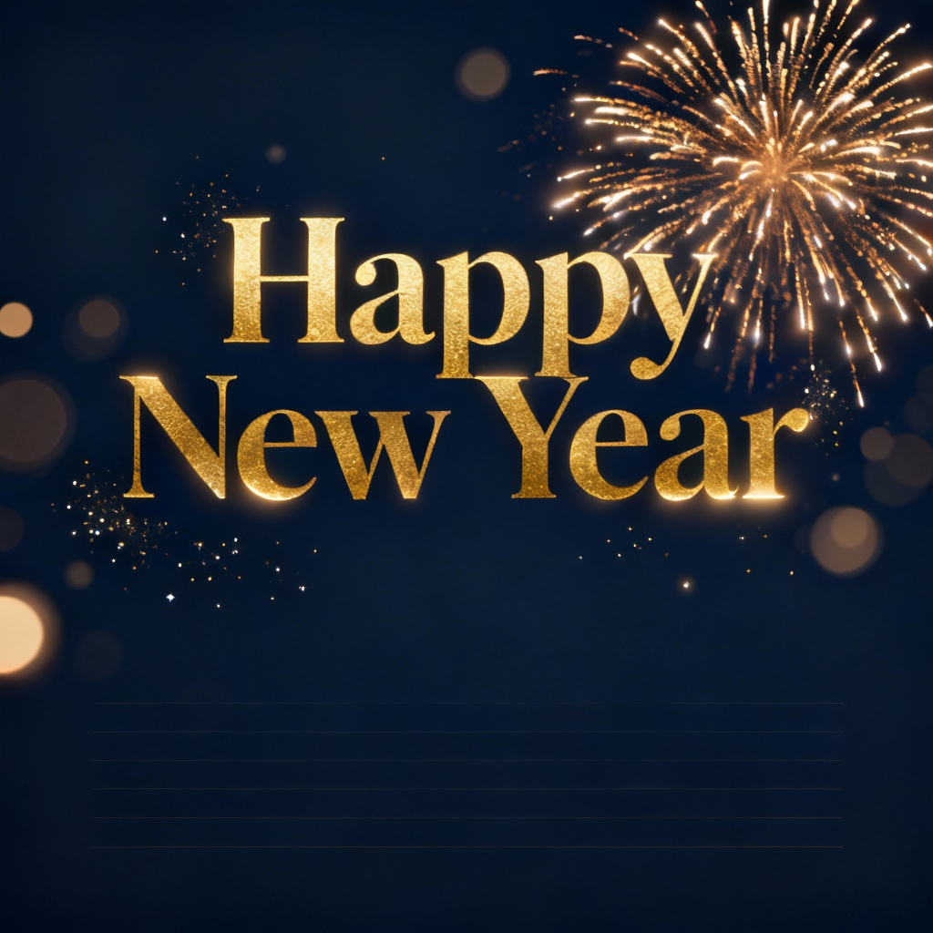 AI Happy New Year wishes greeting card with fireworks and gold typography