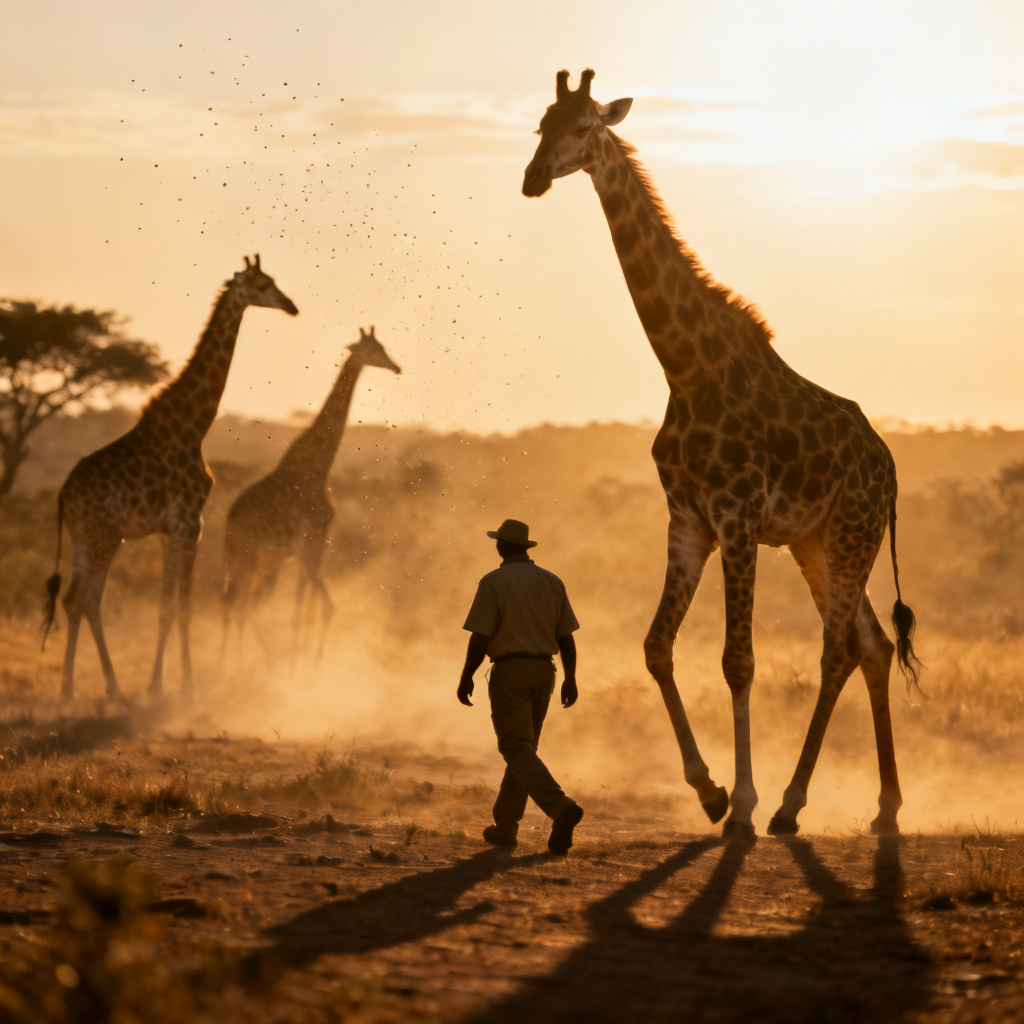 AI safari walking scene at dawn with giraffes