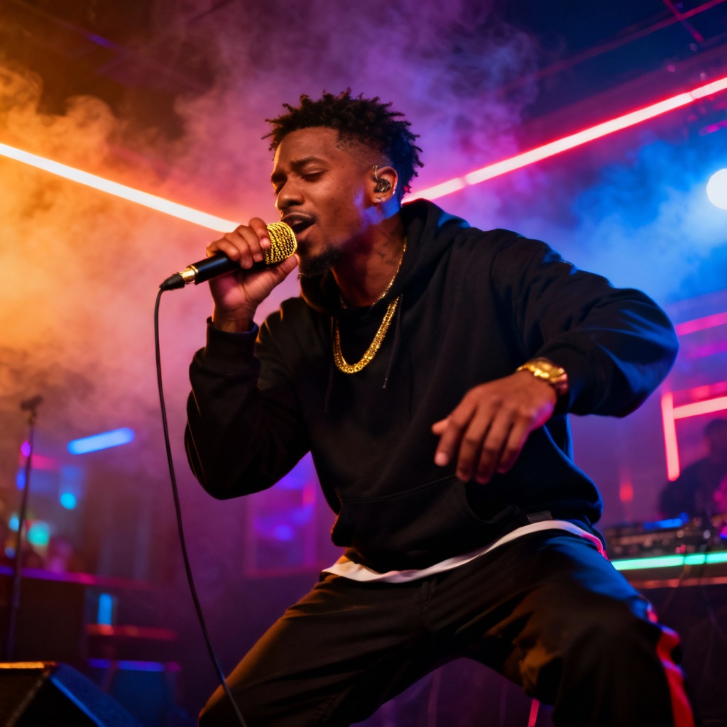 AI hip hop singer on neon-lit stage