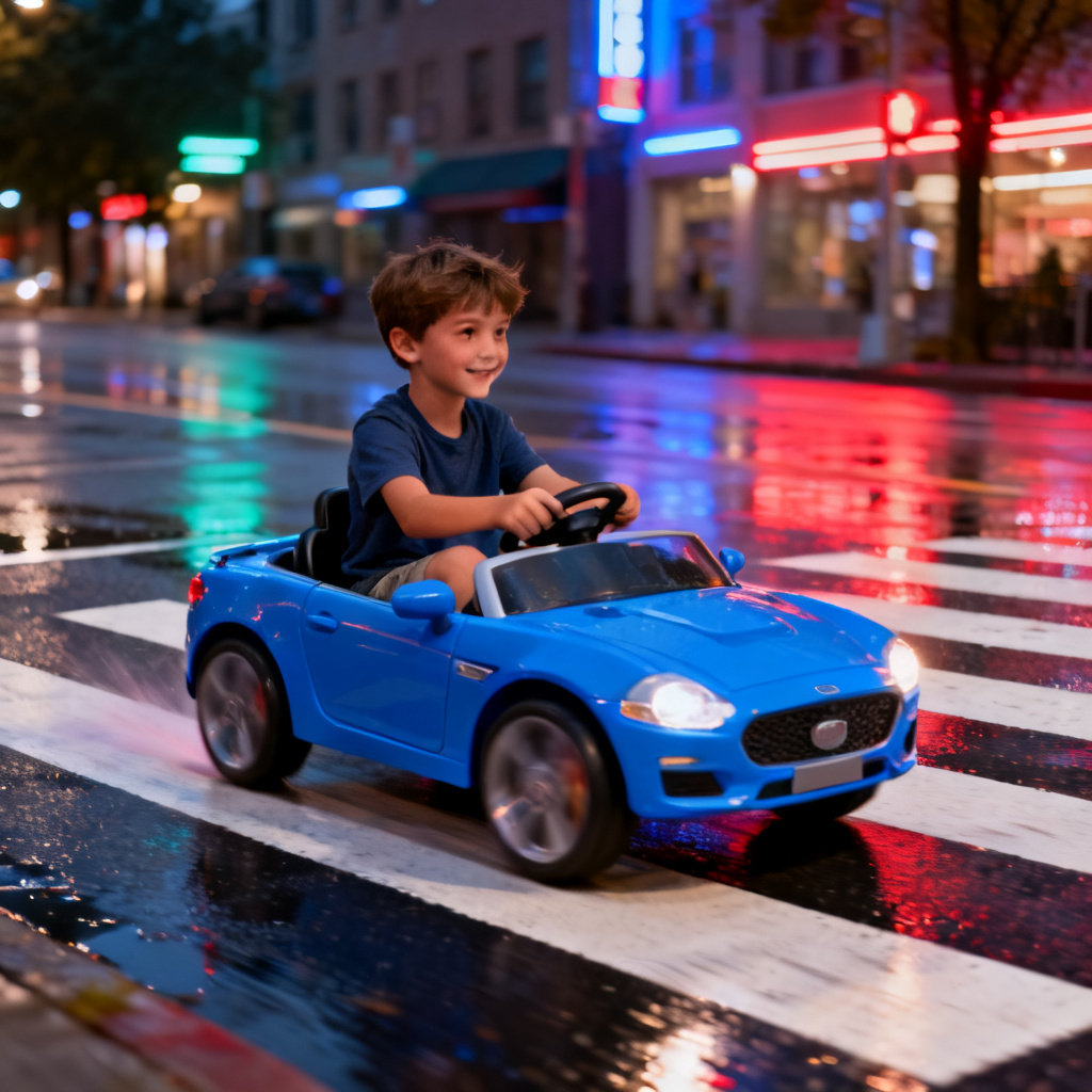 AI tween driving a blue toy car through neon-lit city street
