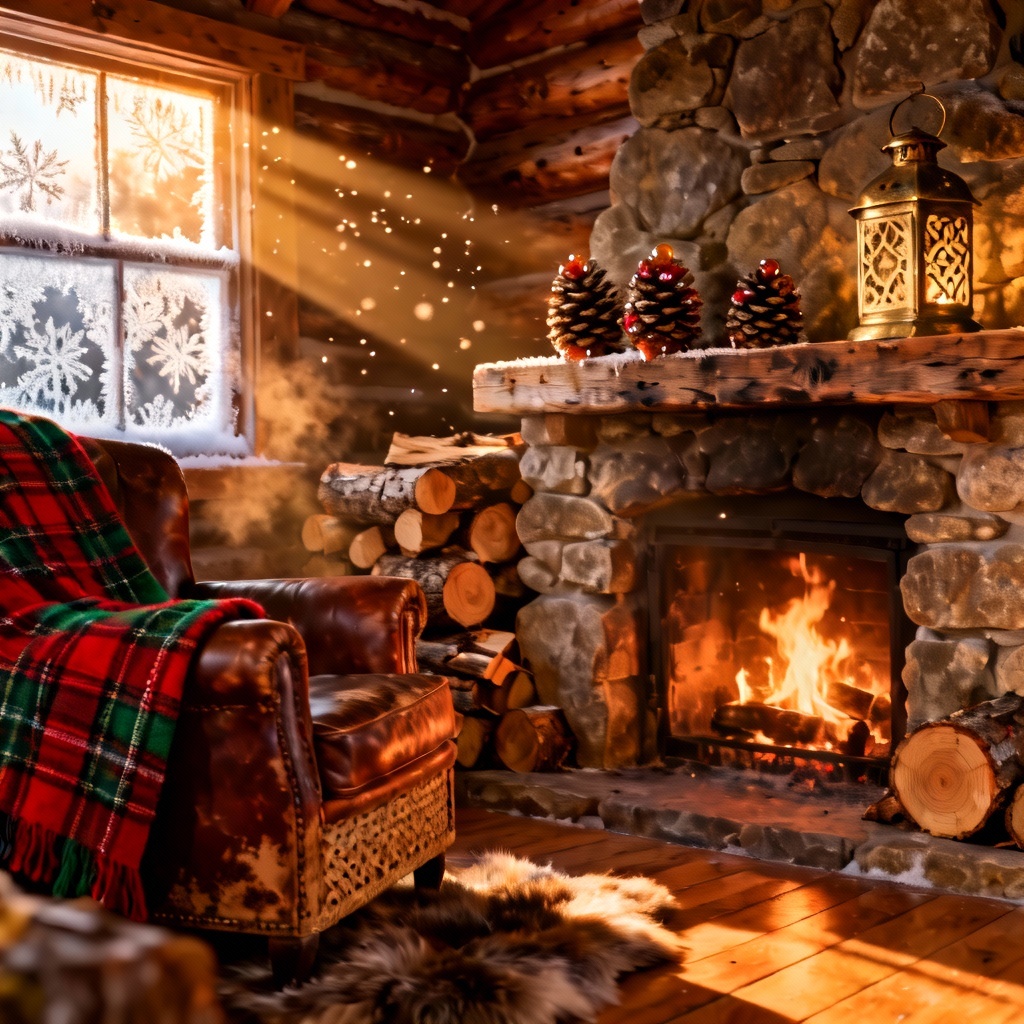 Rustic cabin stone fireplace with pine accents