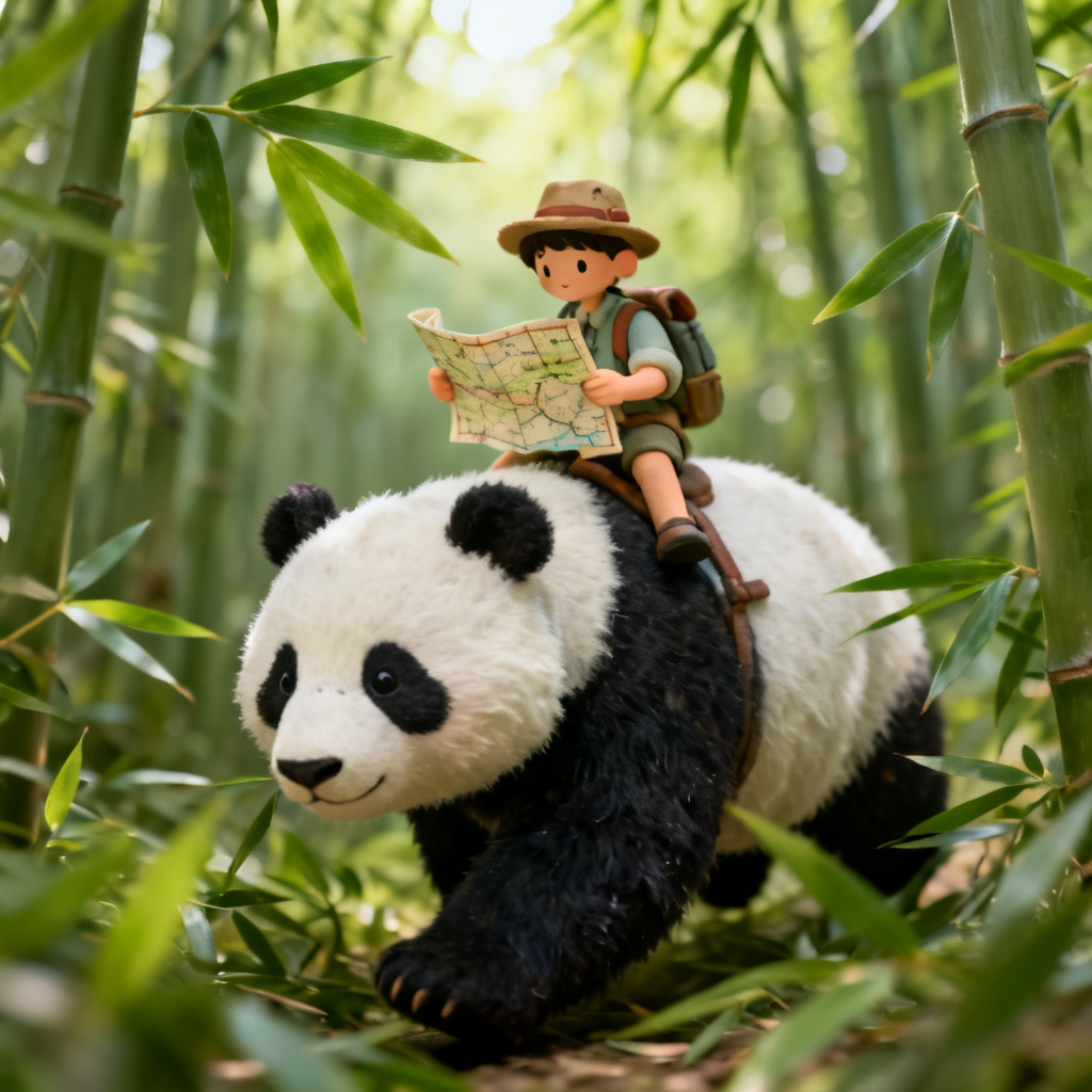 AI explorer riding a panda bear through a bamboo forest