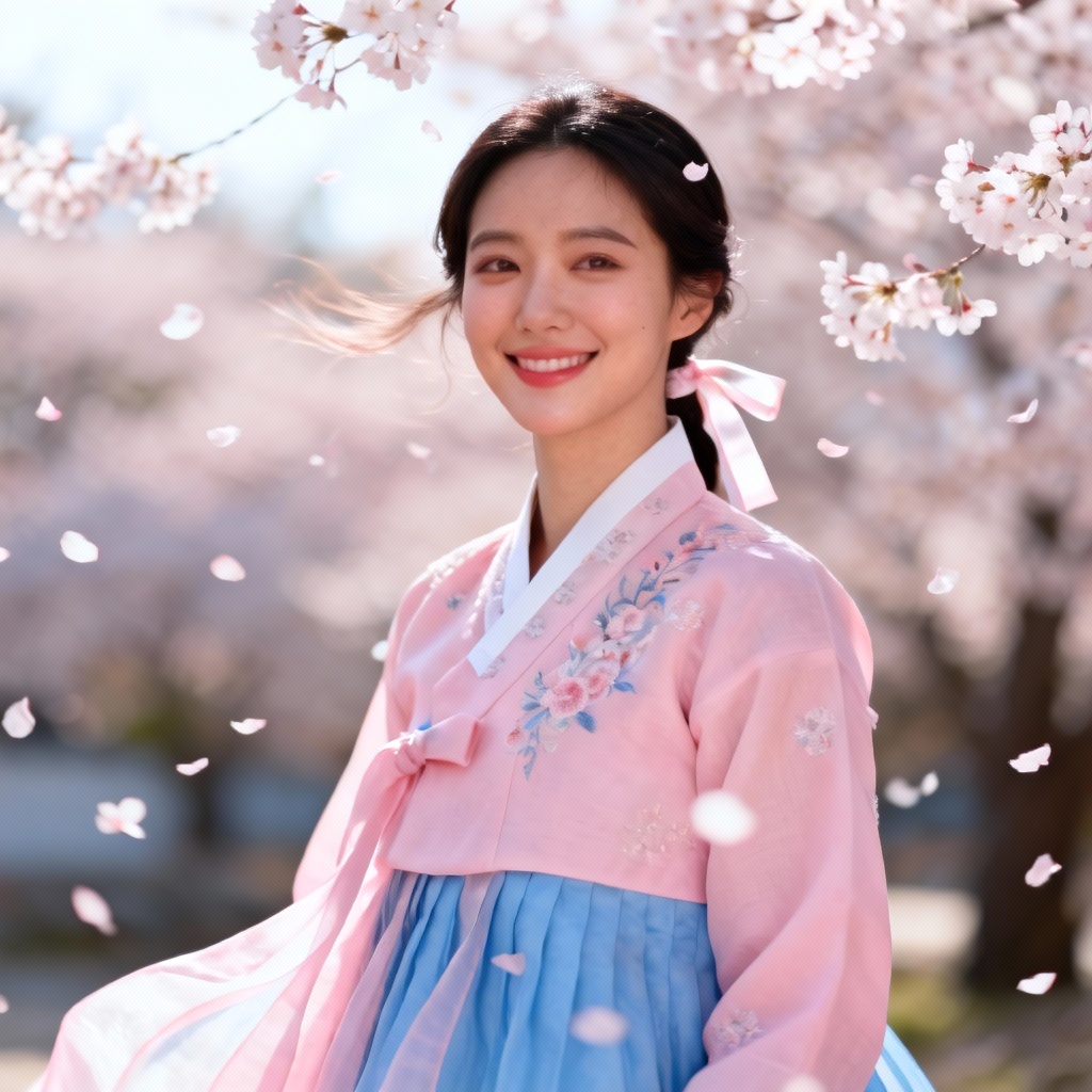 AI South Korean girl wearing hanbok among cherry blossoms