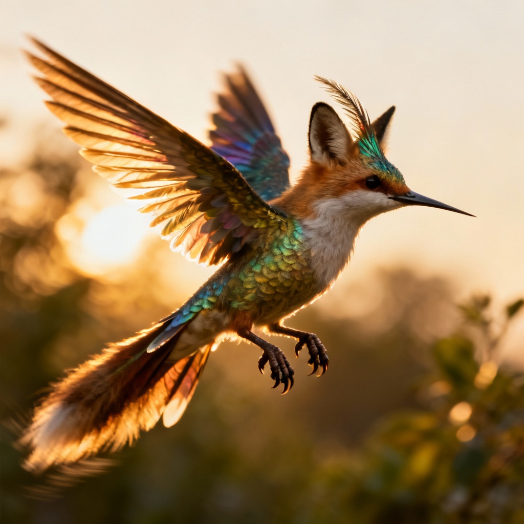 AI animal fusion of fox and hummingbird in flight