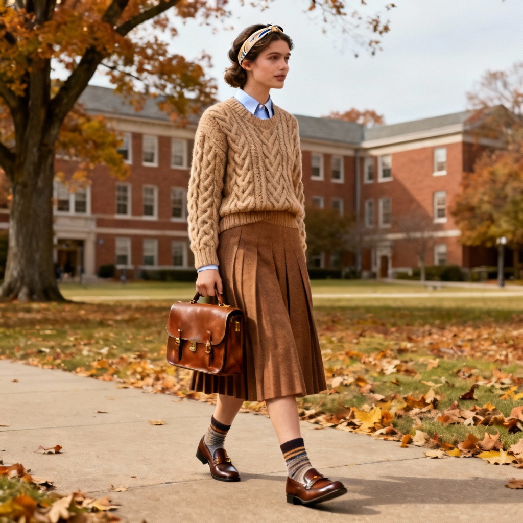 AI old money campus outfit with sweater, loafers, and pleated skirt