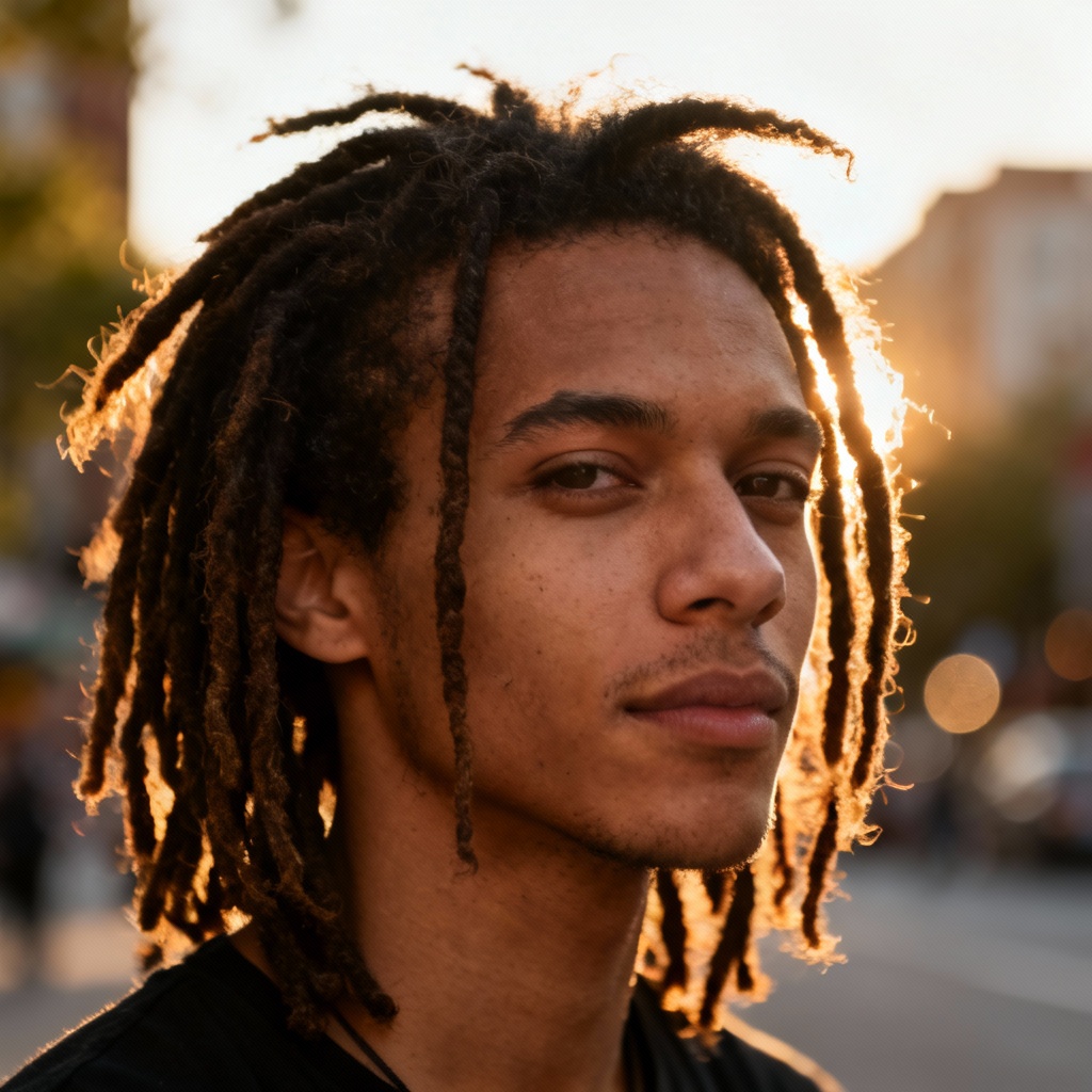 AI street portrait with shoulder-length locs