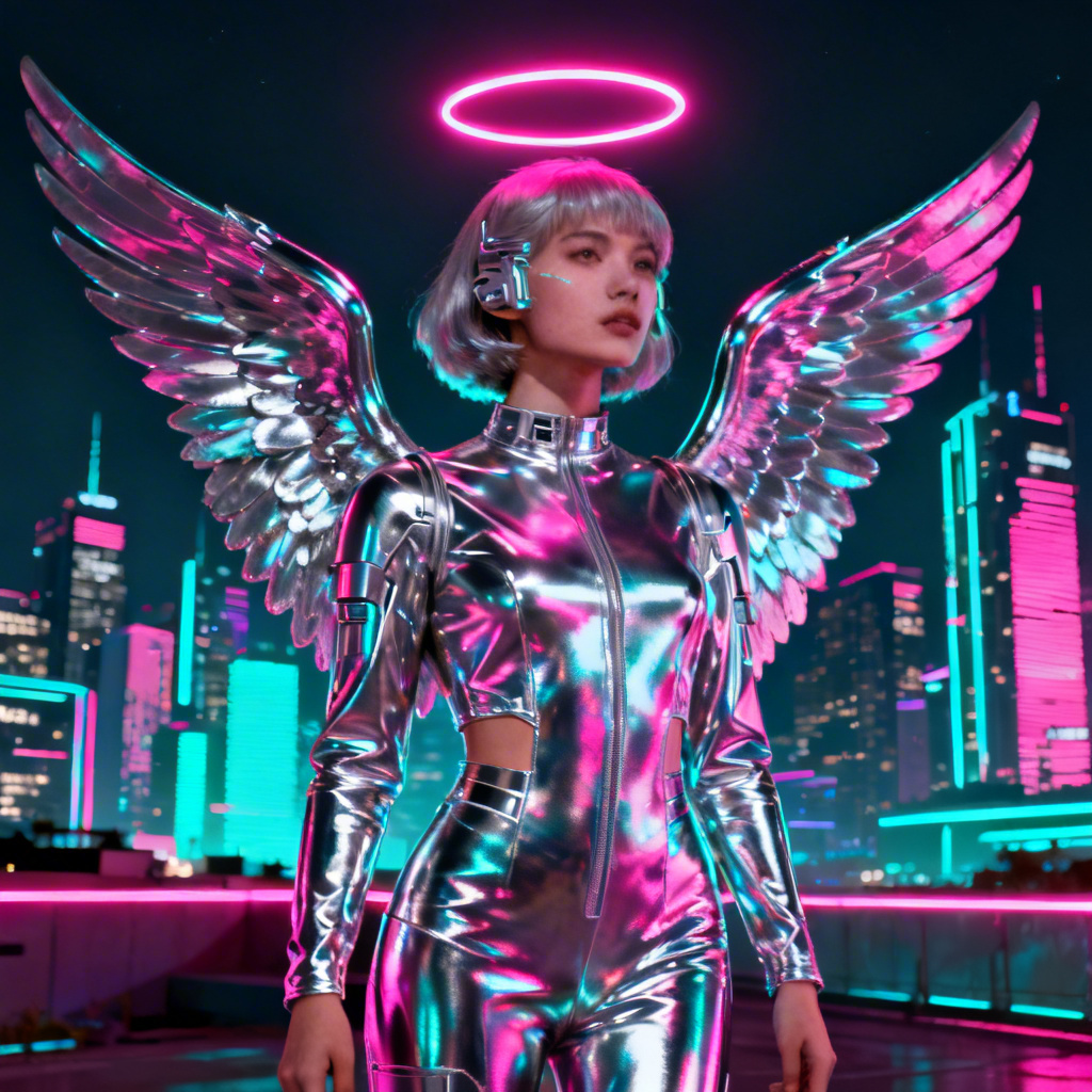Synthwave neon angel with chrome wings and glowing halo