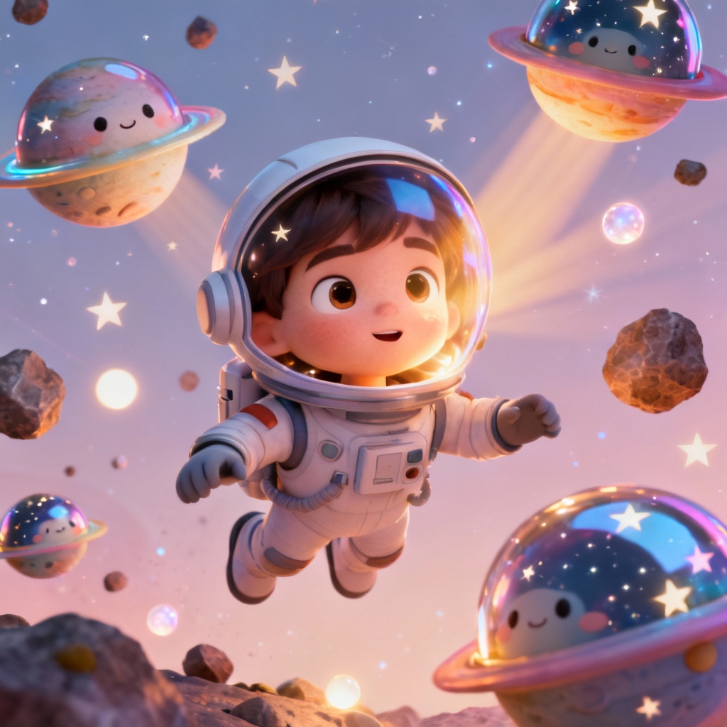AI Pixar-style space explorer child floating with planets