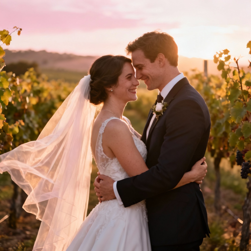 AI wedding hug of bride and groom at golden hour