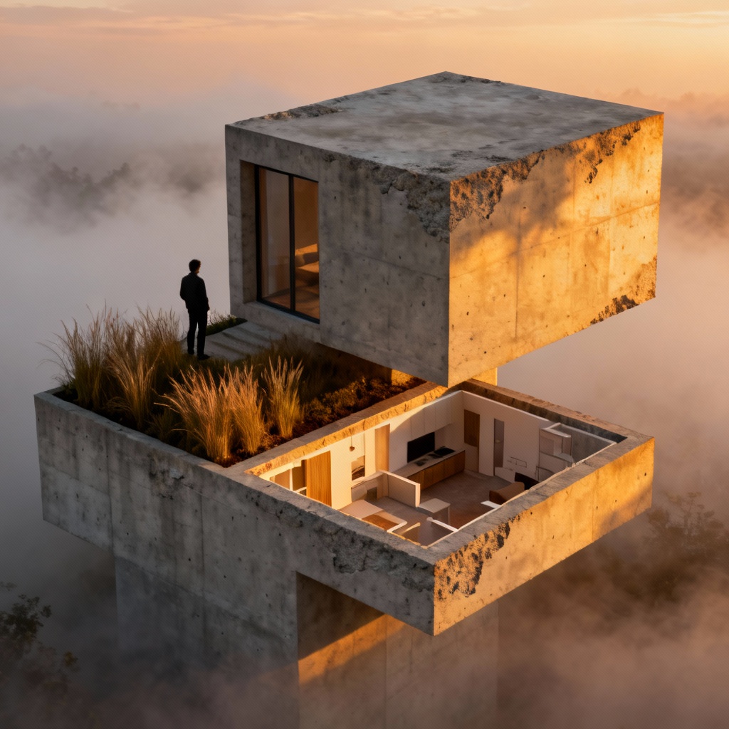 AI brutalist micro home architecture concept cutaway