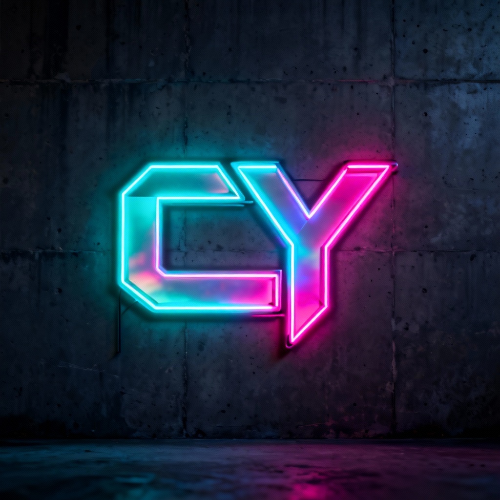 AI neon CY monogram with holographic glow