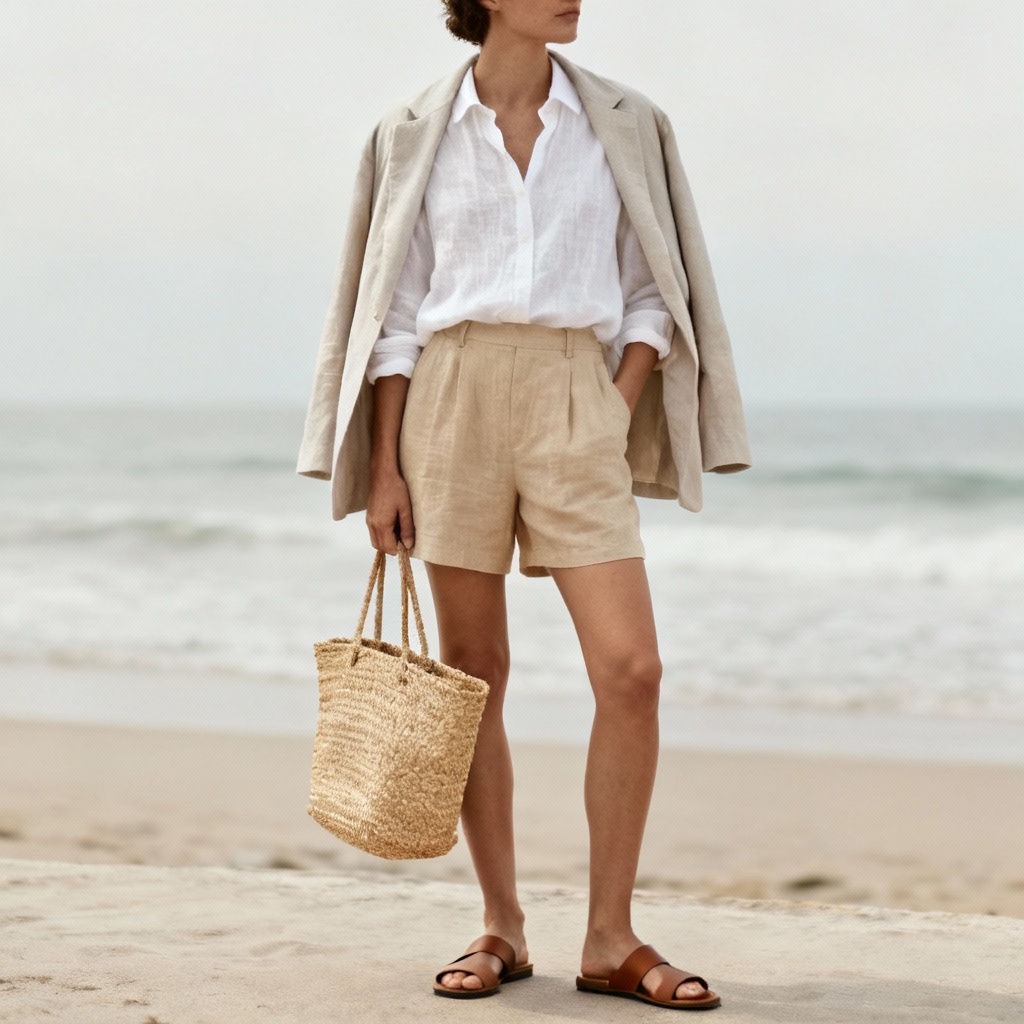 AI coastal linen capsule outfit with neutral tones