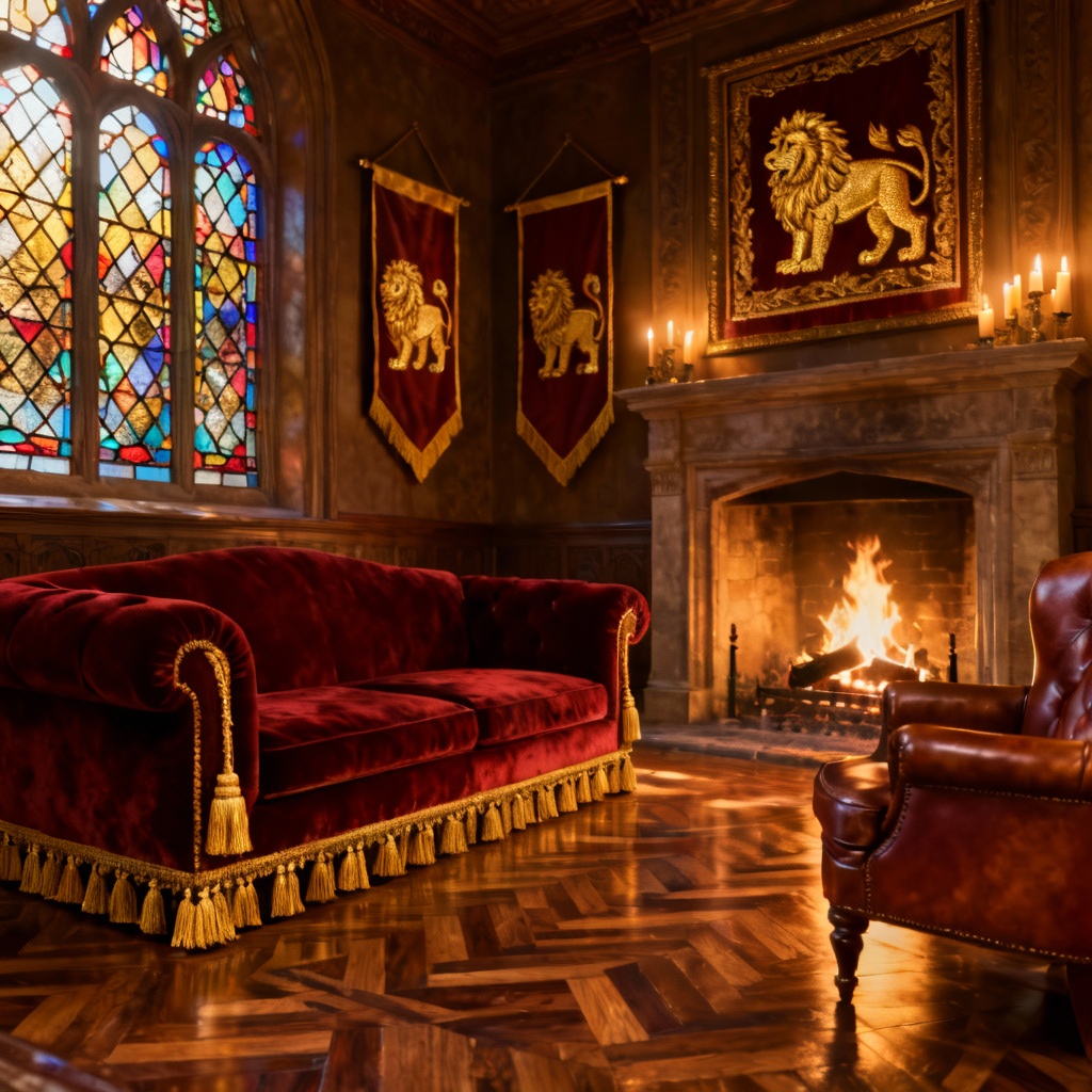 AI Gryffindor common room scene in scarlet and gold