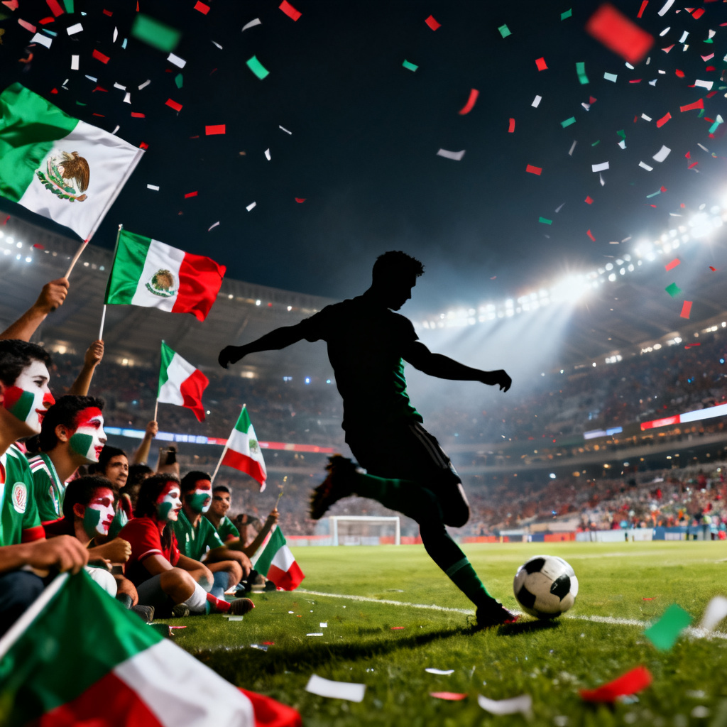AI Mexico World Cup fan celebration in a green white red stadium