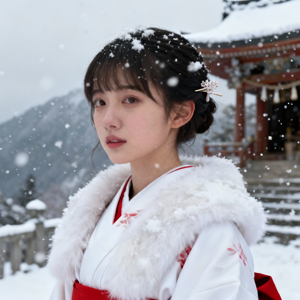 AI kimono girl in snow temple scene