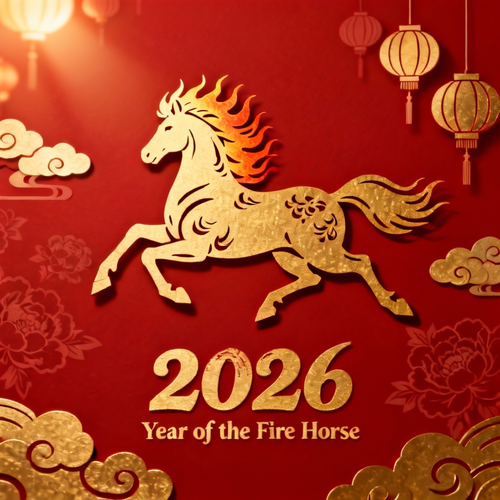 AI 2026 Fire Horse Greeting Card in Red and Gold