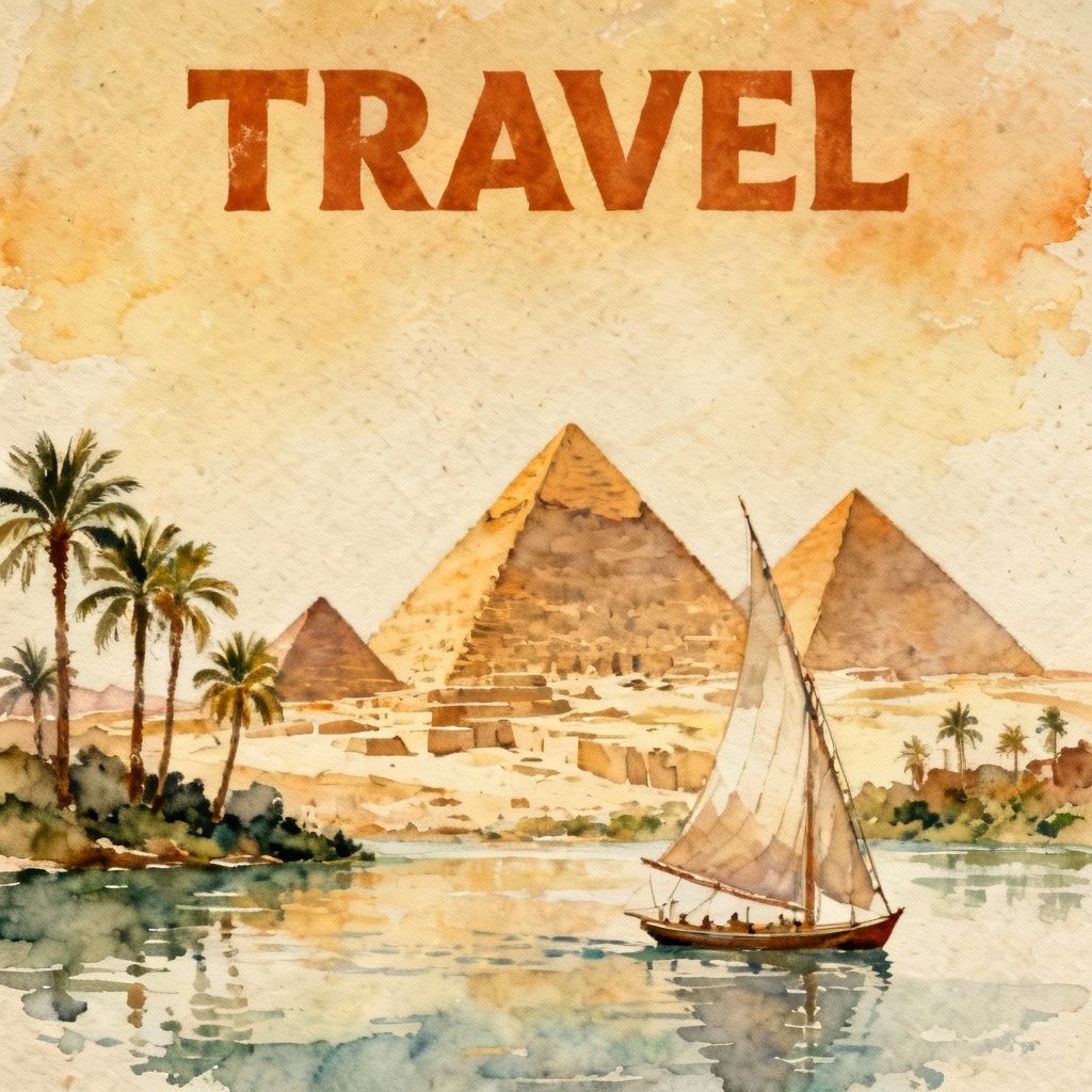 AI watercolor travel poster of pyramids and Nile