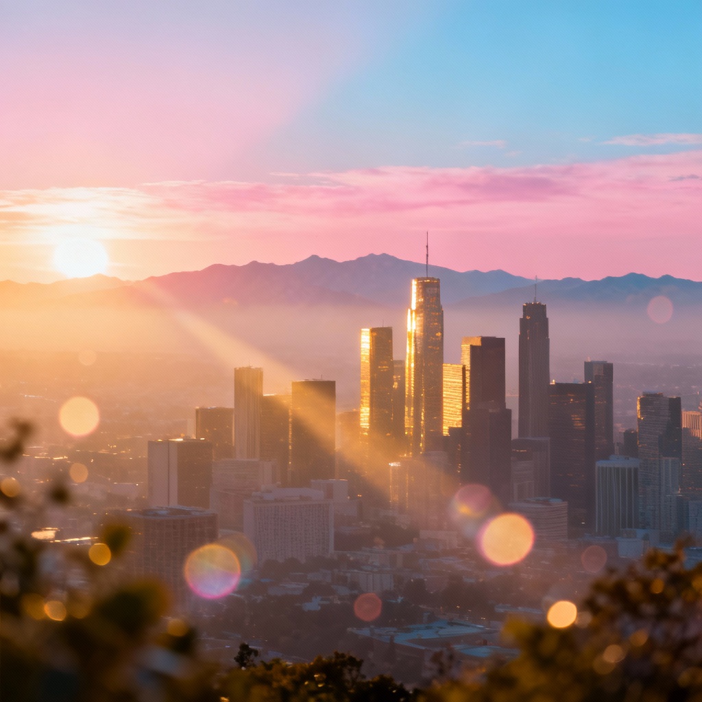 Dreamy cityscape with golden hour bloom and bokeh