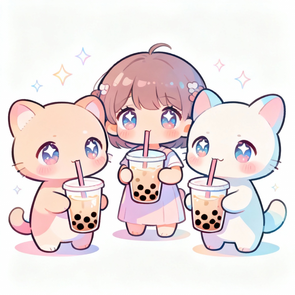 Pastel chibi friends cute drawing on a soft gradient background
