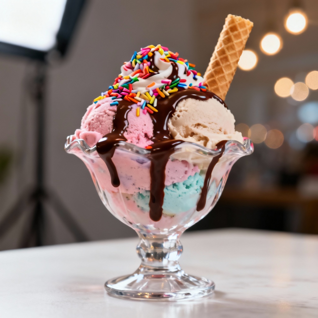 Photoreal gelato sundae with sprinkles and chocolate drizzle