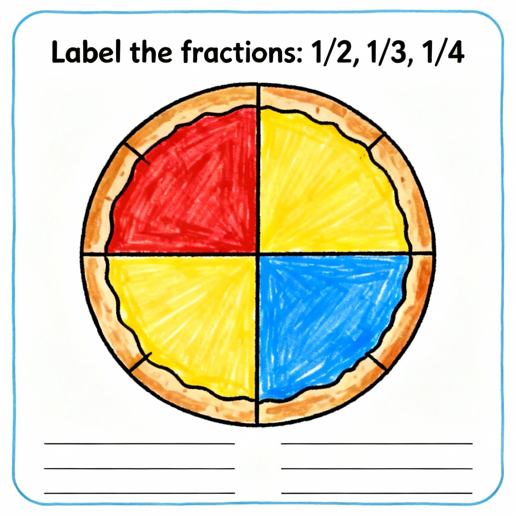 AI fractions pizza math worksheet illustration