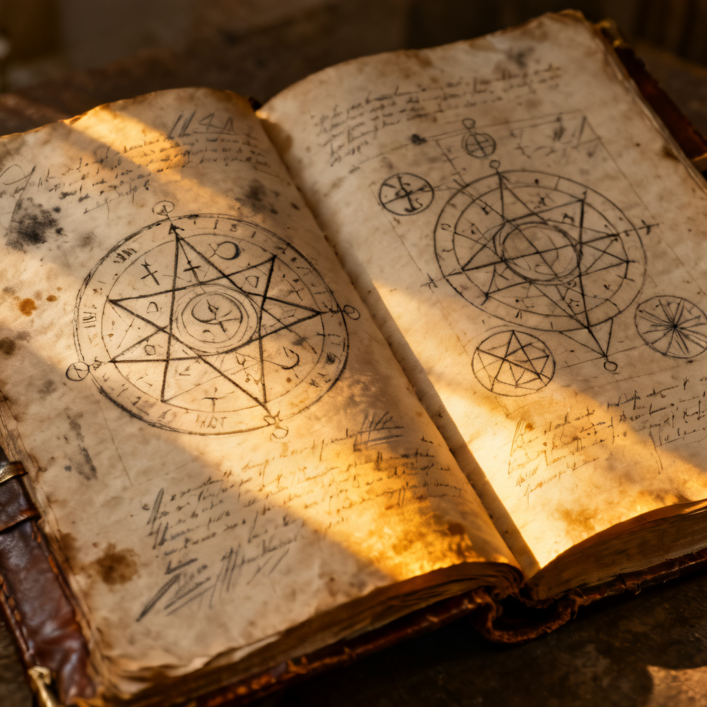 AI historical codex spread with diagrams and sigils