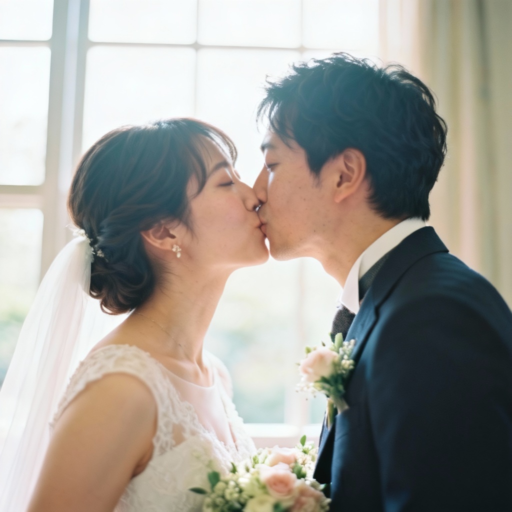AI wedding French kiss closeup