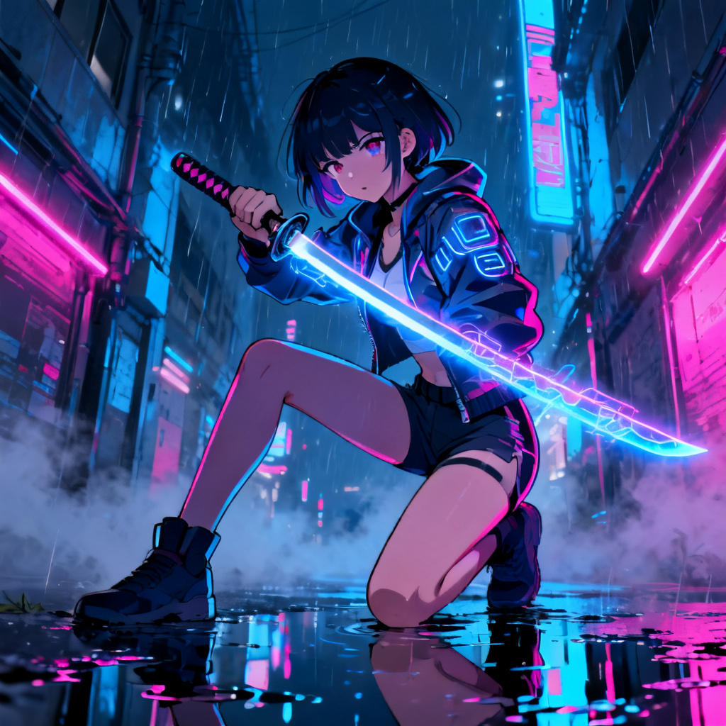 AI cyberpunk bishoujo with neon lights and katana