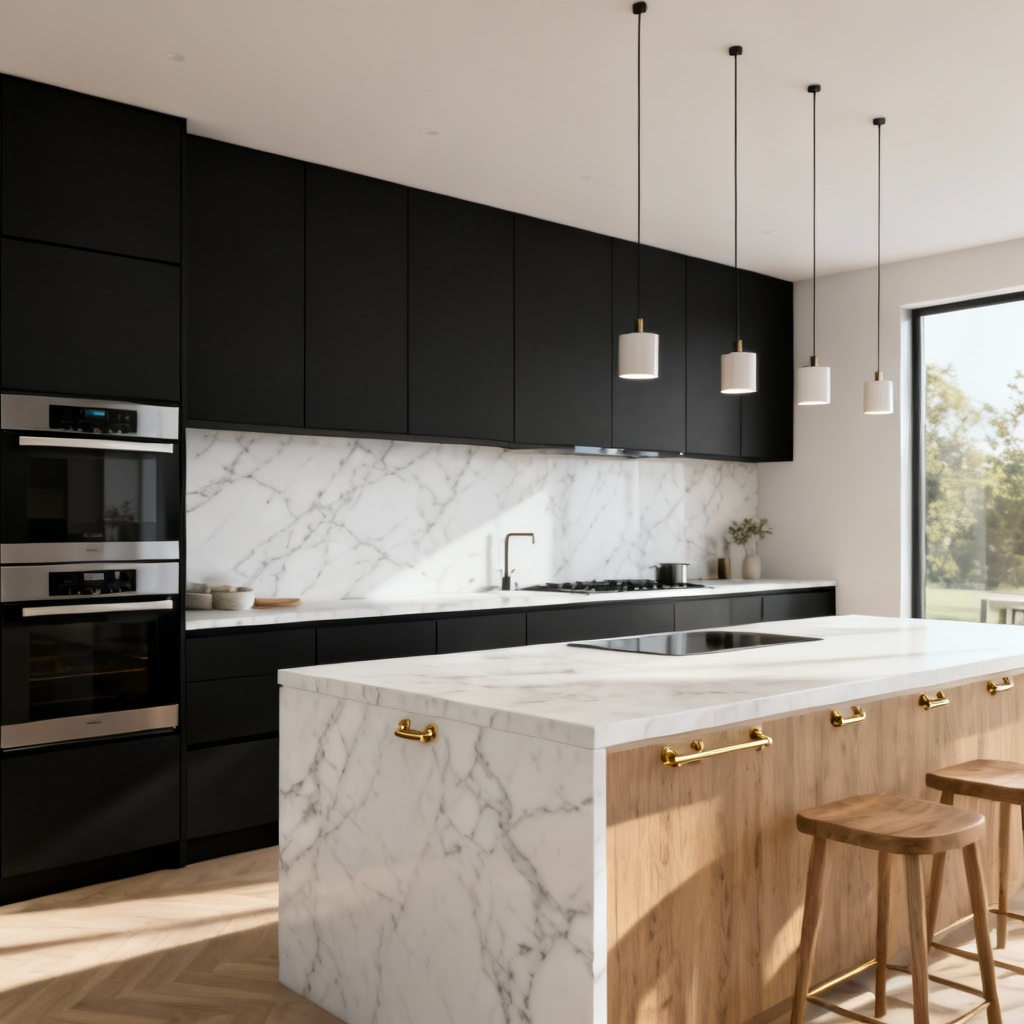 Modern kitchen makeover with matte black cabinets and marble backsplash