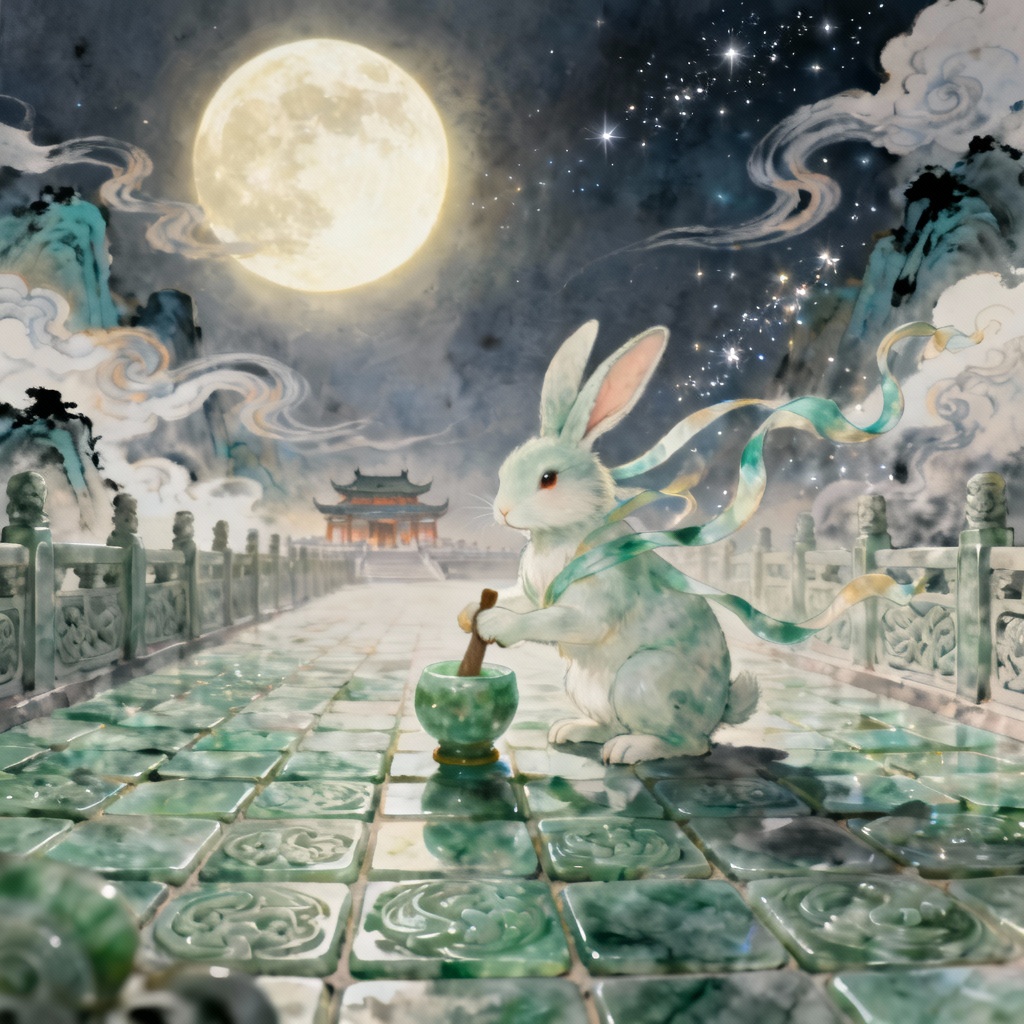 Jade Rabbit brewing elixir beneath a silver moon