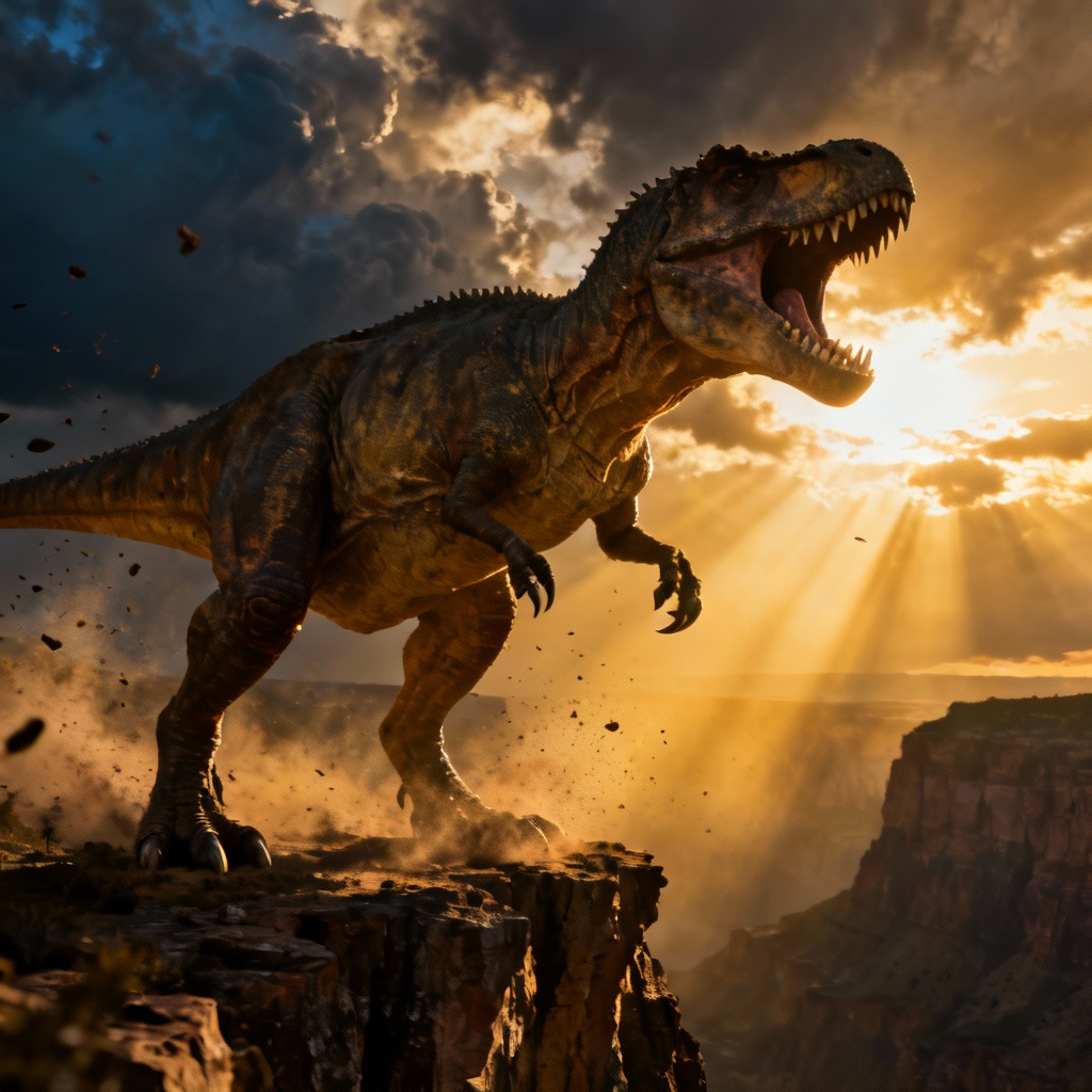 AI-generated realistic T-Rex roaring at sunset on a cliff