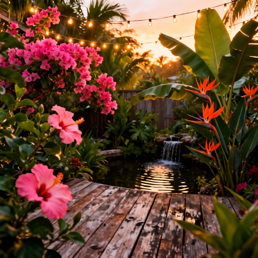 AI tropical flower garden with water feature