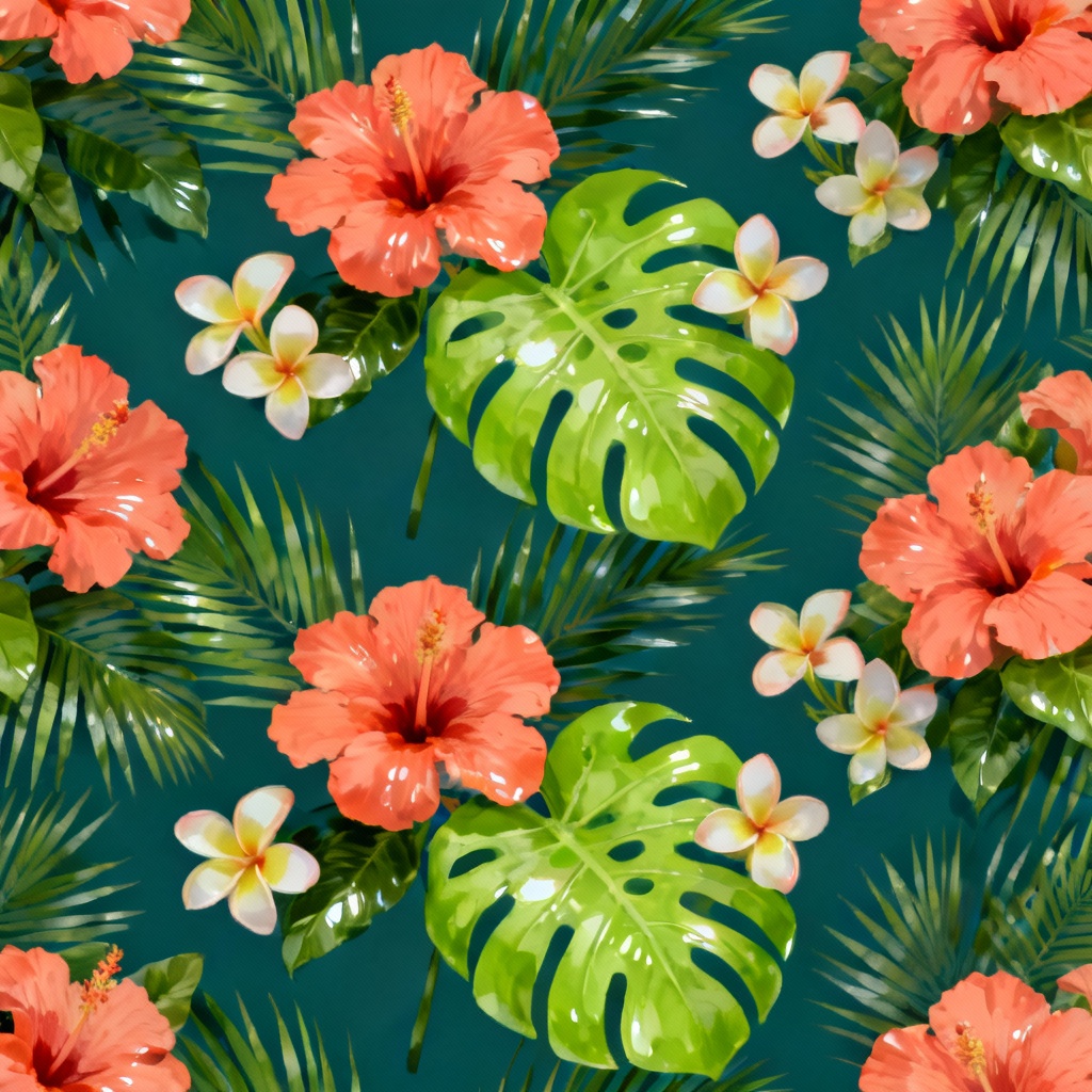 AI tropical floral background with hibiscus and monstera