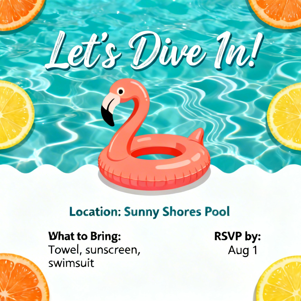 AI pool party invite with water ripples and flamingo