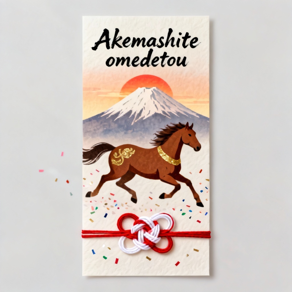 AI 2026 Year of the Horse nengajo with Mt. Fuji sunrise and mizuhiki knot
