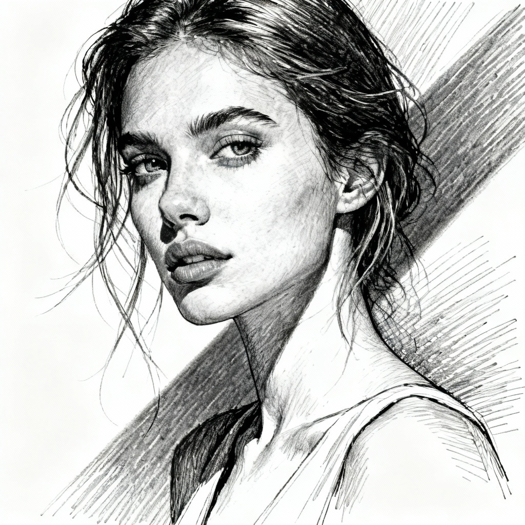AI ballpoint pen fashion portrait with crosshatching