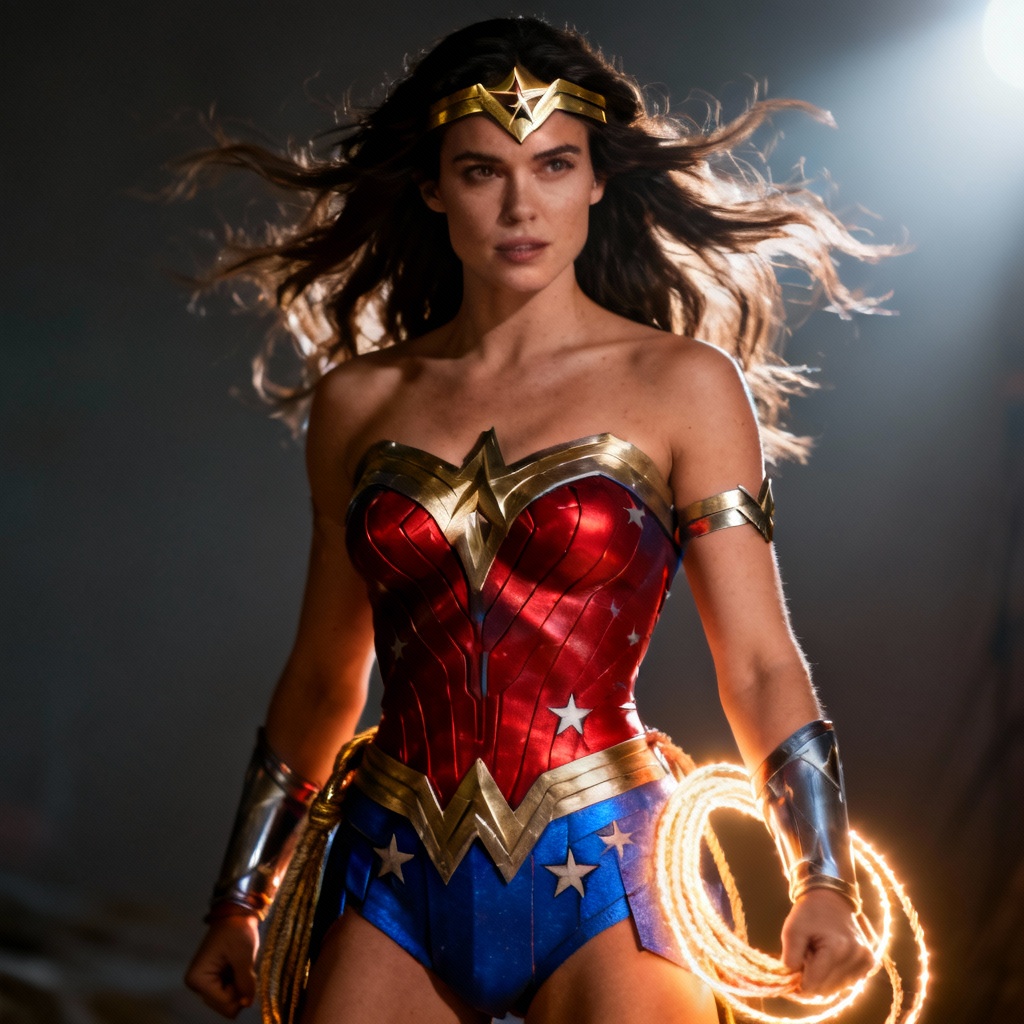 AI Wonder Women hero portrait with armor and glowing lasso