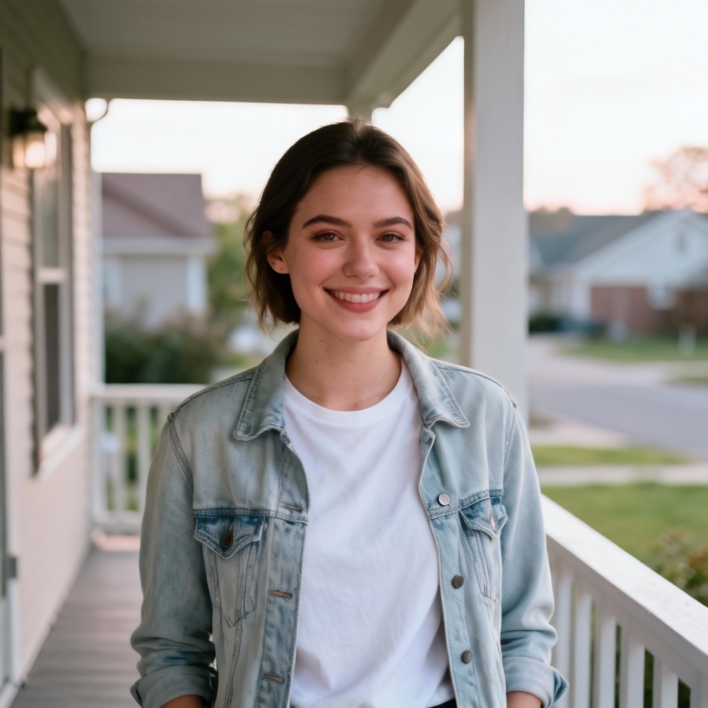AI girl next door portrait on a suburban porch with soft light