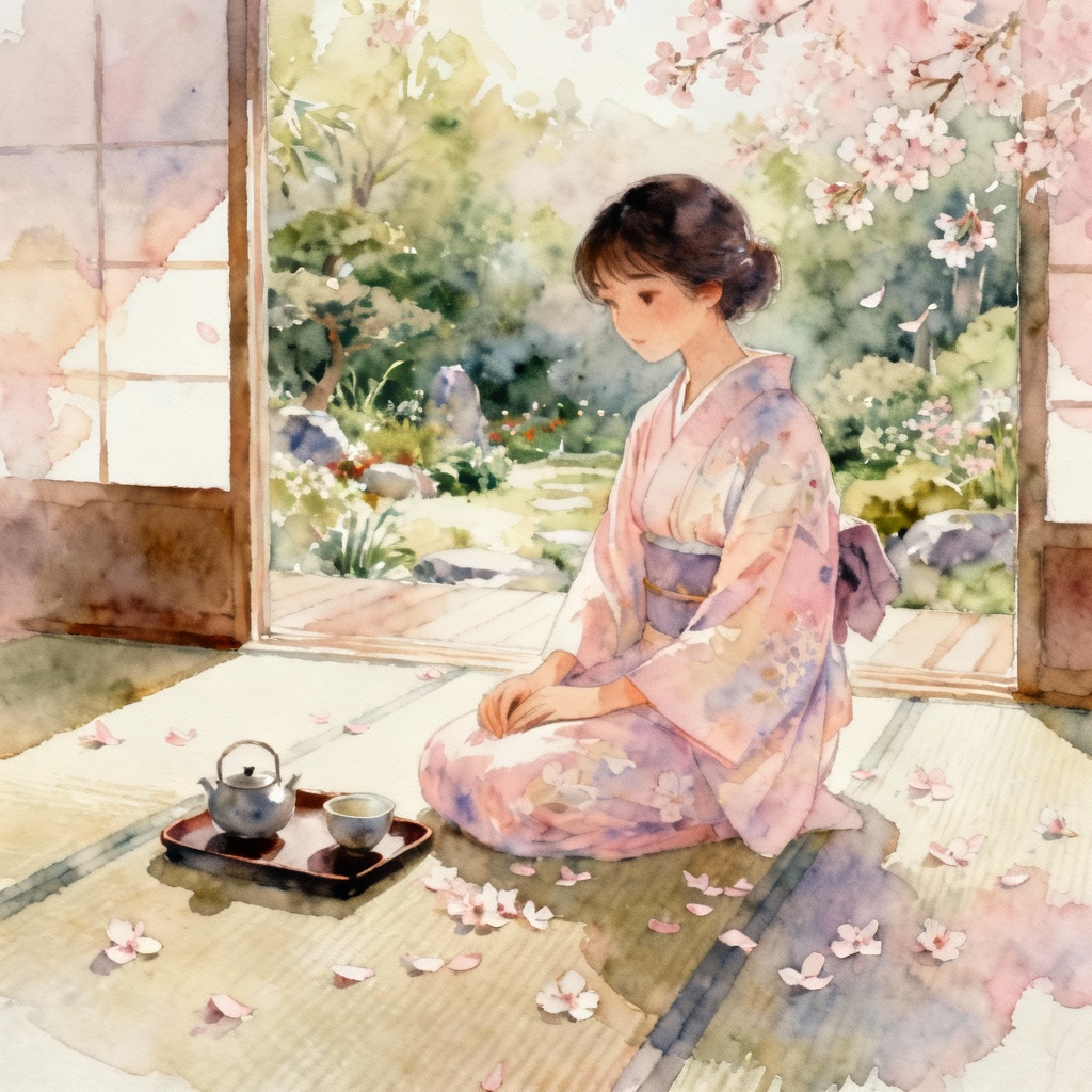 Watercolor kimono girl at tea in cherry garden