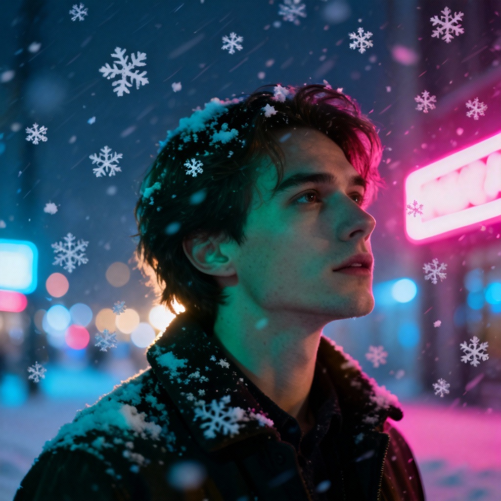 AI falling snow effect on city portrait