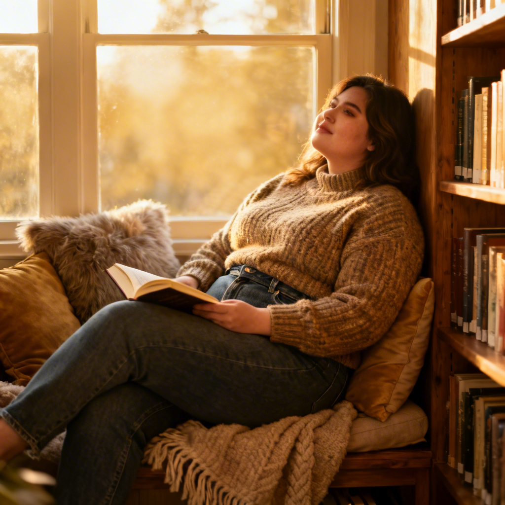 AI cozy lifestyle portrait of a chubby girl reading